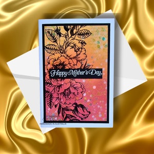 Tarjeta hecha a mano, tamaño A6, 250 g/m², con imagen floral brillante, estampada a mano y en relieve térmico, con tinta de óxido negro desgastado, para el Día de la Madre.