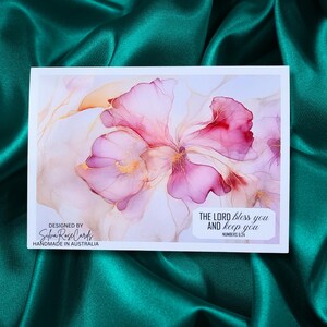 Versículo da Bíblia Religioso inspirador colorido floral álcool tinta inspirado impressão brilhante feito à mão 4,25 x 5,5 polegadas qualidade 300 gsm base de cartão branco