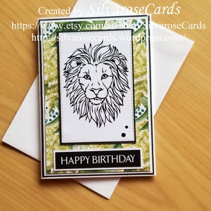 Handmade Happy Birthday card with designer paper, die-cut sentiment, cute die-cut vinyl lion, happy birthday designer paper, A6 300 gsm base