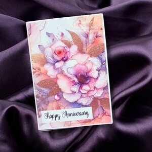 Biglietto di auguri per l'anniversario fatto a mano con stampa lucida floreale, design ispirato all'inchiostro alcolico, sentimento stampato, 11 cm x 15,8 cm, busta bianca di qualità