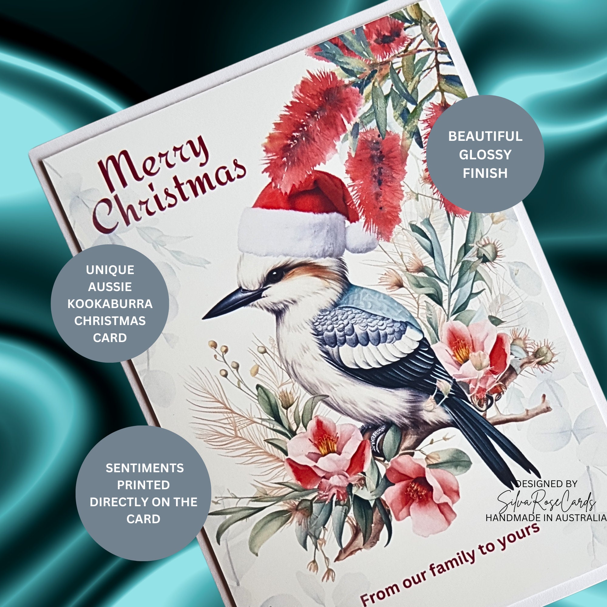 Merry Christmas Kookaburra Aussie A6 Handmade Card 300 Gsm Printed White  Card Gum Leaves Bottle Brush Aussie Flowers Family Christmas Card - Etsy, image size:2000x2000