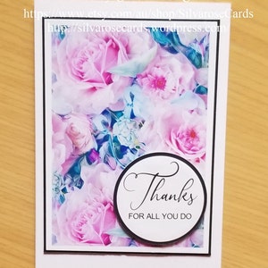 Bedankt handgemaakte bloemenkaart, handgemaakte pioenroos bedankkaart, aangepaste bloemenprintkaart, bedankt voor alles wat je doet handgemaakte glanzende gedrukte kaart