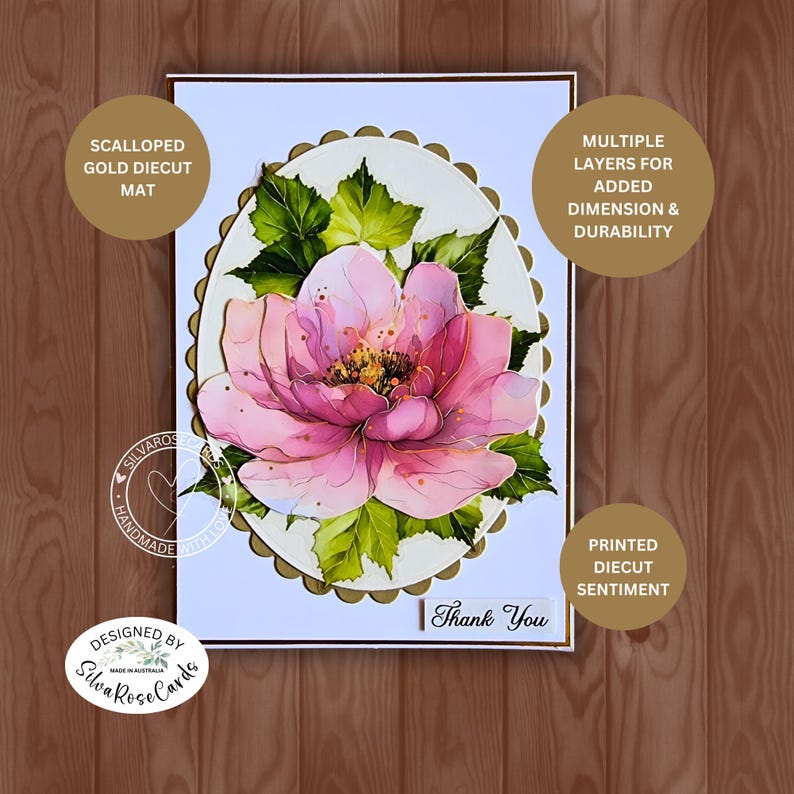 Handmade Thank You Floral Card: Pink Rose & Printed Sentiment - Etsy