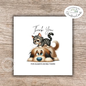 Cartões de agradecimento | Cartões de agradecimento a amigos | Apoio de amizade | Cartão de apoio a amigos | Cartões de agradecimento feitos à mão | Cartões para amantes de animais | Cachorro e gato impressos