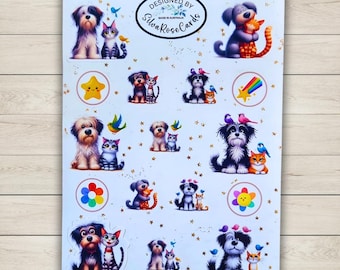 Pode incluir: Uma folha de adesivos com ilustrações de cães e gatos, acompanhados por pássaros e arco-íris. Os adesivos são em várias cores e poses, com desenhos de estrelas e flores. O texto "DESIGNED BY Silva Rose Cards MADE IN AUSTRALIA" está em um círculo no topo.