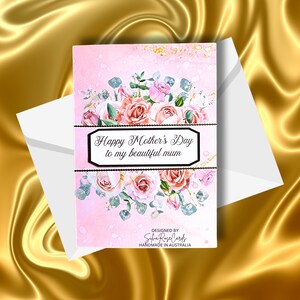 Bonne fête des mères, impression sur papier glacé premium bouquet de roses roses, image florale A6, carte faite main sentiment découpée 300 g/m² estampée à l'emporte-pièce