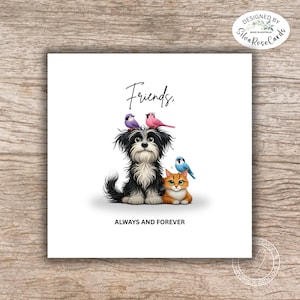 Friendship cards| Friends always and forever| Friends handmade cards| Cute colourful printed dog cat| Animal lovers cards|  friendship card