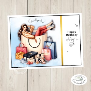 Cartão de feliz aniversário exclusivo feito à mão, sacolas de compras femininas elegantes, impressão de cartão branco premium, cartão de 300 g/m², cartão de felicitações personalizado