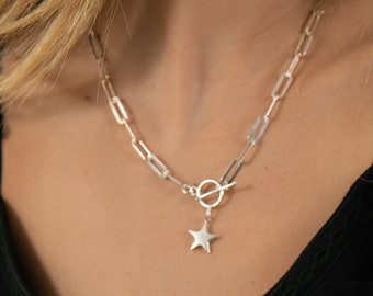 Silver T-Bar Necklace, Statement silver Toggle Necklace, Chain Link Necklace, Star charm necklace, Mothers day gift