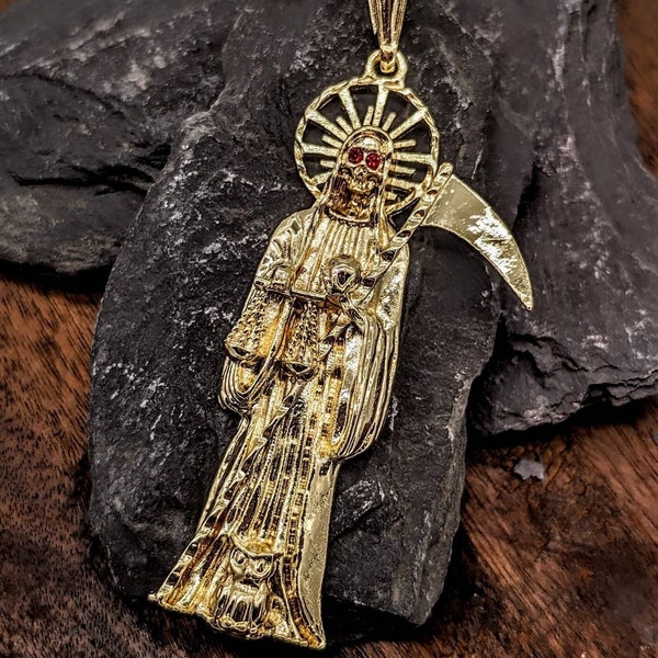 Santa Muerte Pendant.  La Muerte Grim Reaper, Death, Skull, Folk, Religious, Mythology. Gold Colour Plated Metal, Ruby Red Eyes Jewellery