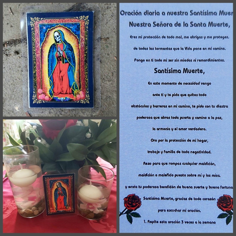 May include: A blue and white prayer card with a picture of the Santa Muerte, a skeletal figure in a red dress, holding a scythe. The text on the card reads "Oraci&oacute;n diaria a nuestra Sant&iacute;sima Muen Nuestra Se&ntilde;ora de la Santa Muerte, Eres mi protecci&oacute;n de todo mal, me abrigas y me proteges. de todas las tormentas que la Vida pone en mi camino. Pongo en ti todo mi ser sin miedos ni remordimientos. Sant&iacute;sima Muerte, En este momento de necesidad vengo ante ti y te pido que quites todo obst&aacute;culos y barreras en mi camino, te pido con tu diestro poderosa que abras toda puerta y camino a la paz, la armon&iacute;a y el amor verdadero. Oro por la protecci&oacute;n de mi hogar, trabajo y familia de toda negatividad. Rezo para que rompas cualquier maldici&oacute;n, maldici&oacute;n o maleficio puesto sobre m&iacute; y los m&iacute;os. y envia tu poderosa bendid&oacute;n de buena suerte y buena fortuna Sant&iacute;sima Muerte, gracias de todo coraz&oacute;n para escuchar mi oraci&oacute;n. 1. Repite esta oraci&oacute;n 3 veces a la semana"