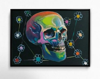 Print of Neon Skull - Limited Edition PRINT of Original Painting Realism Skulls Flower Sugar Skull Tribute by Generoso Napoliello