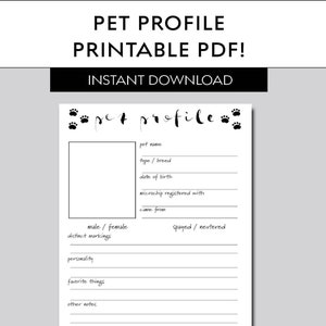 Printable Pet Profile, Pet Bio Print, Dog Biography, Cat Information Pdf Instant Download, Foster Pet Biography Printable, Dog Profile