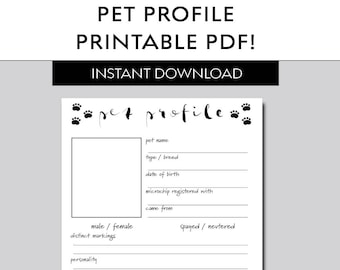 Printable Pet Profile, Pet Bio Print, Dog Biography, Cat Information Pdf Instant Download, Foster Pet Biography Printable, Dog Profile