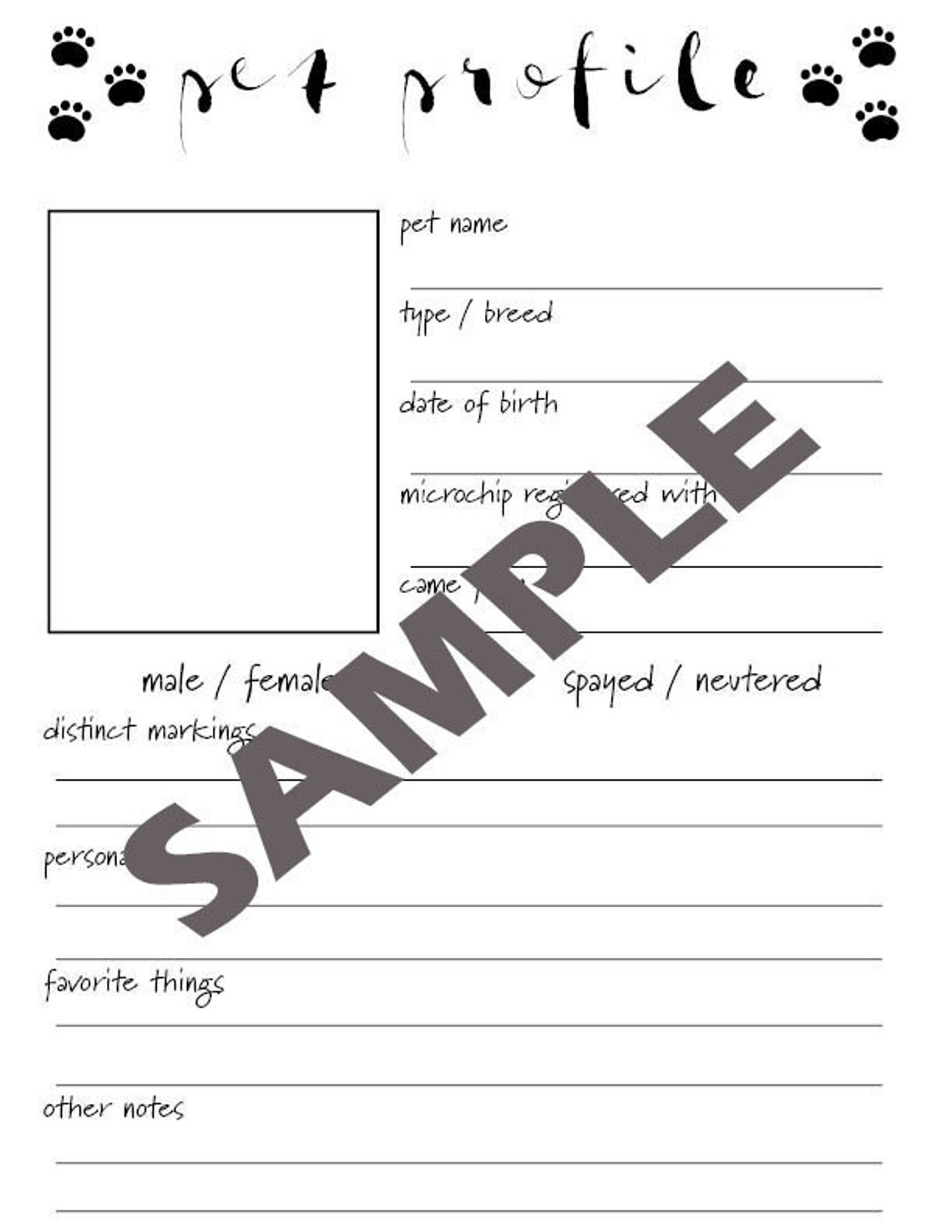 Printable Pet Profile, Pet Bio Print, Dog Biography, Cat Information Printable Pet Profile, Pet Bio Print, Dog Biography, Cat Information