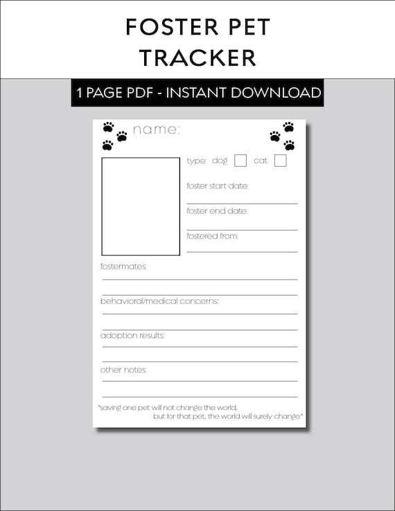 Foster Dog Foster Cat Printable Tracker PDF Pet Profile