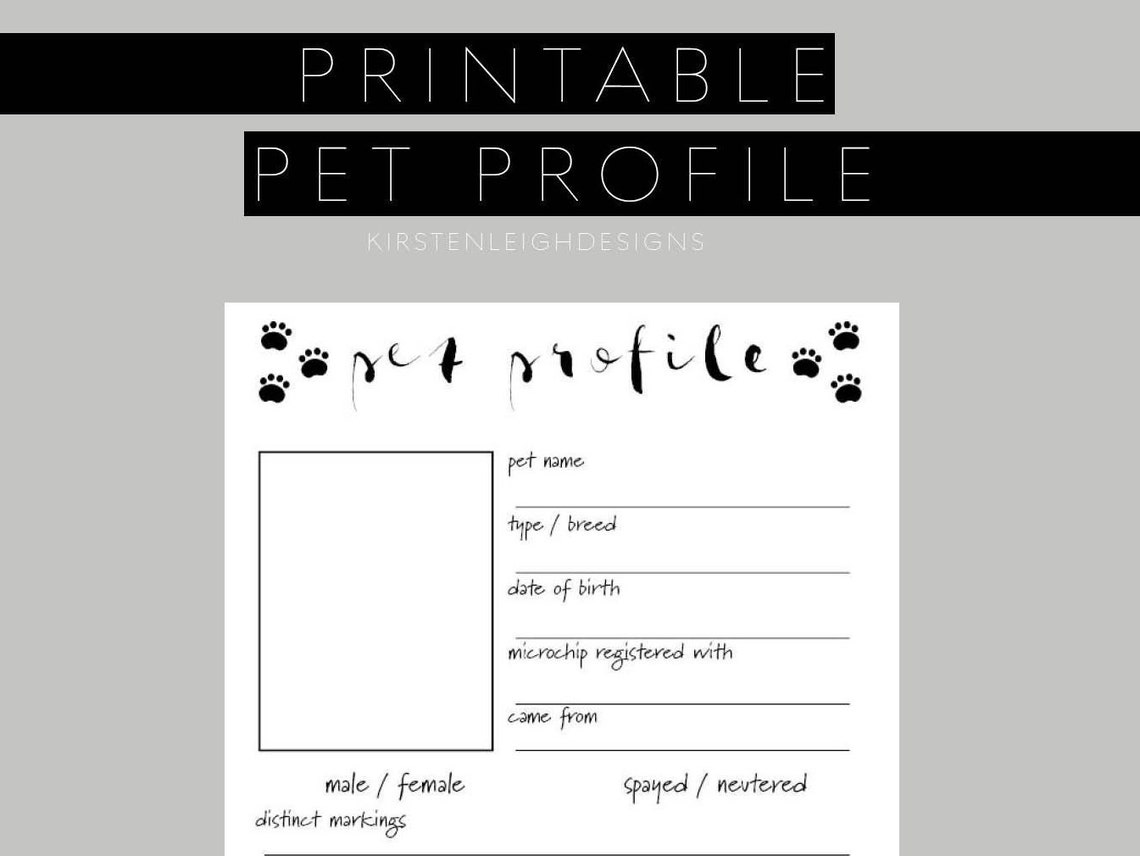 Printable Pet Profile, Pet Bio Print, Dog Biography, Cat Information Printable Pet Profile, Pet Bio Print, Dog Biography, Cat Information