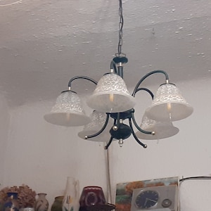 Vintage Ceiling Light Chandelier, Pendant Light,  Mid Century, 5 Stems Frosted Glass Lamp Shades,  Retro Lighting From 60s