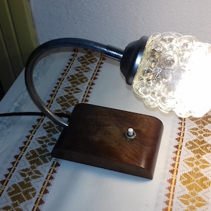 Vintage Bedside Lamp, Art Deco Table Wood Glass Lamp, Mid-Century Bedside Lamps, Night Light, 50s, Bubble Glass Shade