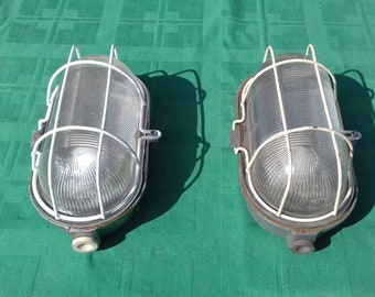 Pair of boat lamp, Industrial wall lamp, ship lamp, vintage industrial lamp, white grid protection, water proof, indoor, outdoor, cellar