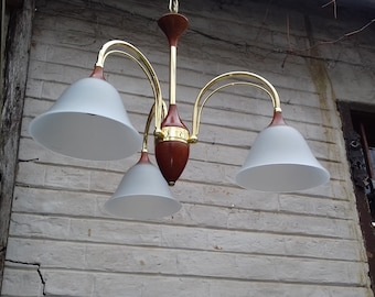 Vintage Ceiling Light Chandelier, Pendant Light,  Mid Century, 3 Stems Frosted Glass Lamp Shades,  Retro Lighting From 60s