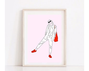 Figurative Art Print // Woman with Red Trainers and Shoulder Bag // Street Style Wall Art // Red and Pink