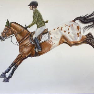 Original Colored Pencil Drawing of jumping horse and rider– 12x16 Inch Horse Art, Equine Wall Decor, Animal Lover Gift