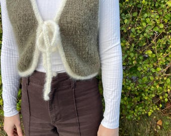 Taupe Mohair Knit Waistcoat – Cream Trim, Tie Front Bow