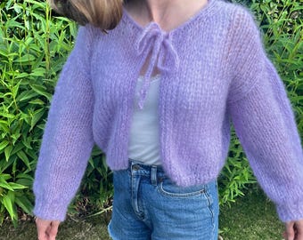 Lilac Kid Mohair Cardigan – Tie Front Bow, Fluffy & Handmade