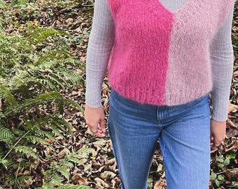 Débardeur en mohair bicolore - Bloc de couleur rose, doux et fait main
