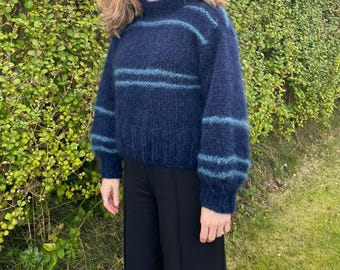 Navy and Denim Stripe Mohair Sweater – Soft, Fluffy & Handmade
