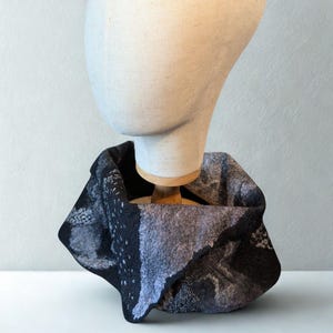 Wearable Art Felted cowl infinite small scarf neck warmer scarflette Designer Scarf felted snood black wool silk scarf