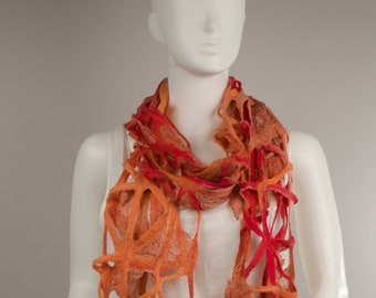 Wearable Art Felted Lacy shawl Orange cloud scarf Silk Wool shawl scarf Designer Scarf felted scarf fancy shawl Spider Web Boho scarf