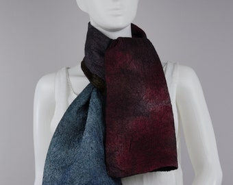 Nuno felted silk wool scarf Wearable Art Designer Scarf Felted Scarf blue burgundy brown scarf Artist scarf designer Minimalistic style
