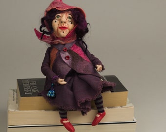 Bookshelf  Old Witch Art Doll Handmade Fine Art Doll Fantasy Doll Whimsical Doll Collectible OOAK Doll polymer clay doll Befana doll