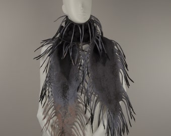 Black gray wool scarf Wearable Art Designer Scarf Felted Scarf Black scarf with fringe and shibori decor
