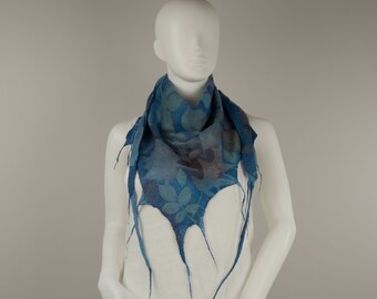 Felted Cobweb Scarf Eco-print Silk Wool Scarf Wearable Art Blue triangle scarf Blue scarf silk wool