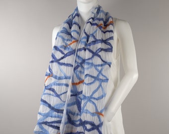 Felted Silk Wool wrap Scarf Summer Scarf Wearable Art silk scarf white blue scarf gift for her scarf luxurious scarf gift for Mom