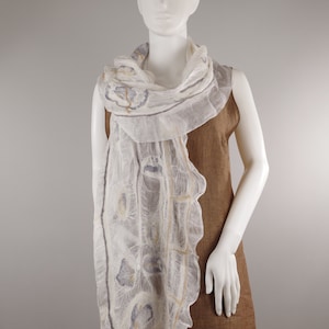 Felted Scarf Silk Wool Scarf Summer Scarf Wearable Art Scarf Wedding Bridal wrap light white scarf Japandi shawl Mother Day gift