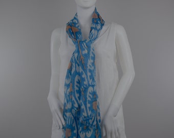 Ikat print silk scarf  100% silk scarf woman gift handmade Margilan silk scarf handdyed silk turqioise scarf Oriental style scarf