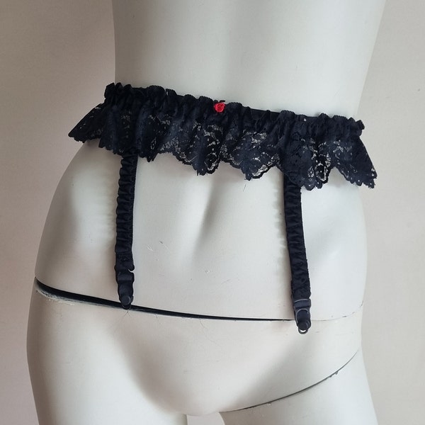 Vintage Bendon 1960's Made in NZ Black and Red Rose Beautiful Classy Lace Garter Belt with 4 Clips