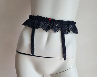 Vintage Bendon 1960's Made in NZ Black and Red Rose Beautiful Classy Lace Garter Belt with 4 Clips