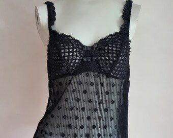 Warner's 1980's Sheer Pleated Floral Babydoll Camisole in Black Lace