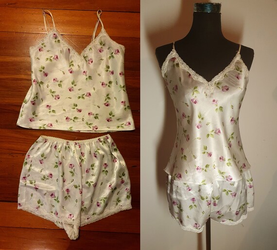 Vintage 1990's White Floral Satin Lingerie Set Cam