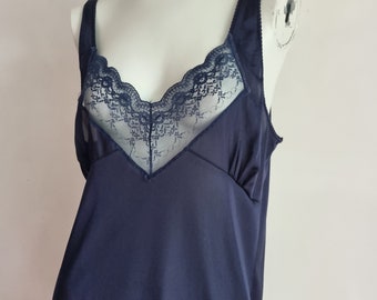 Classic Navy Blue Lacey Simple Tailored Nylon Tricot Full Slip Dress Lace Trim