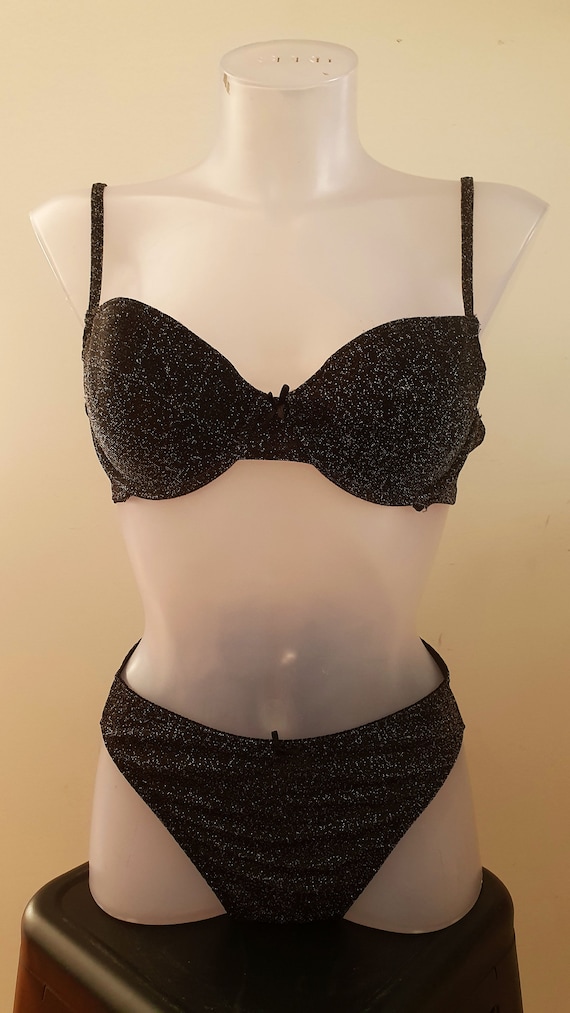 Sparkly Black and Silver Lingerie Stretchy Soft Bra and Panties Set 