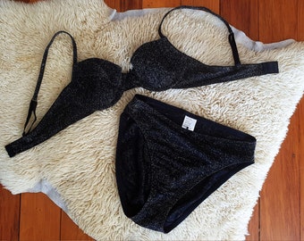 Sparkly Black and Silver Lingerie Stretchy Soft Bra and Panties Set