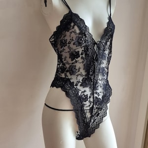 High Cut Sexy Lace Up 1980&#39;s Sheer Lace and Ribbon Trimmed Black Bodysuit