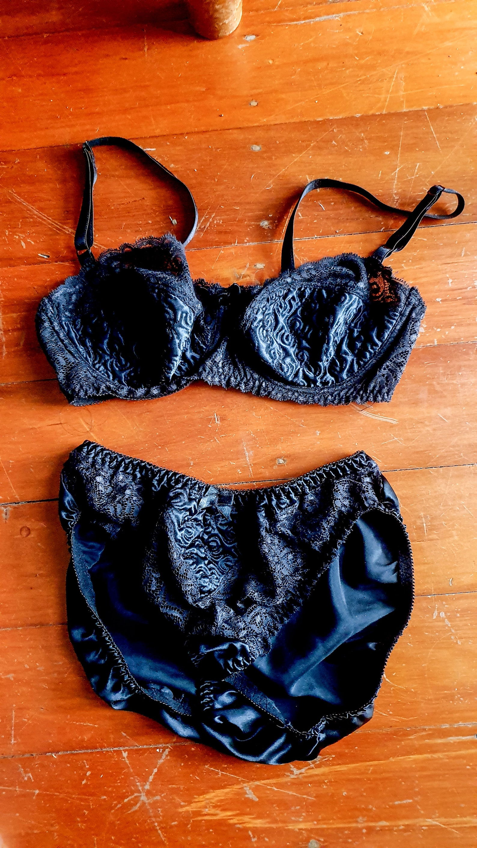 Black Satin and Lace Lingerie Bra and Panties Set Floral - Etsy