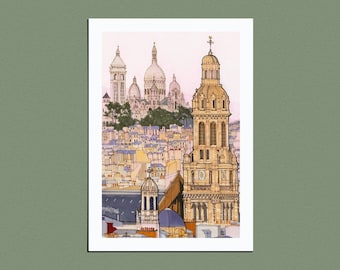 Puede incluir: Una pintura de acuarela de una ciudad con un alto edificio de iglesia en primer plano y un edificio de iglesia blanco en el fondo. Los edificios están rodeados de otros edificios y árboles.
